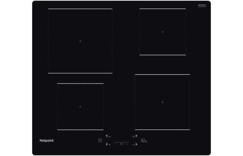 Hotpoint black induction hob with four glass cooking zones and front control panel