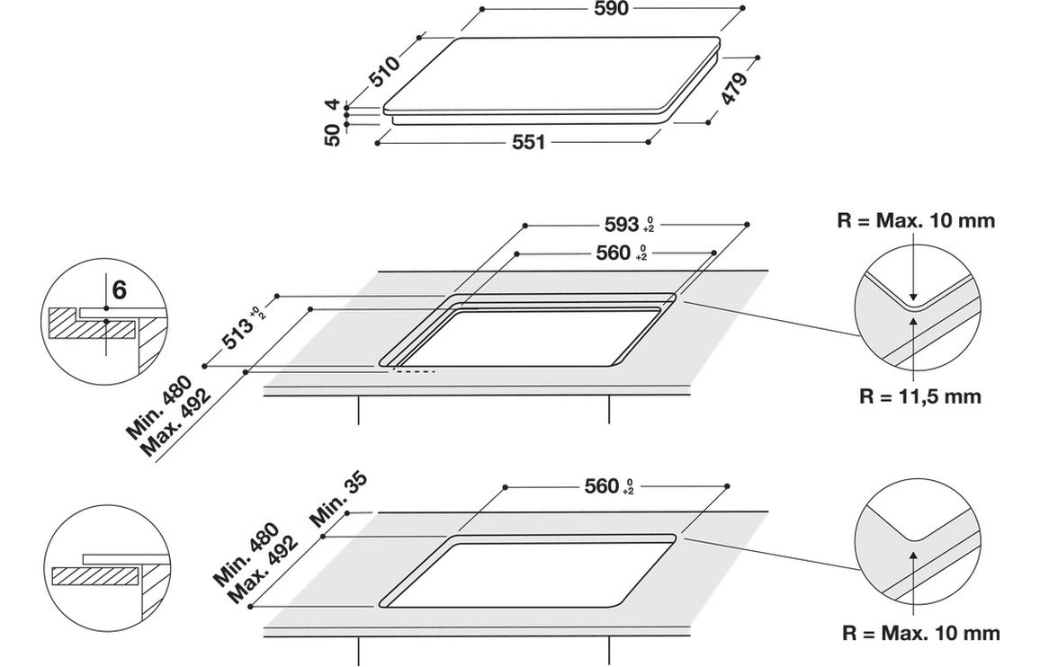 Induction hob installation diagram with cutout dimensions and radius measurements
