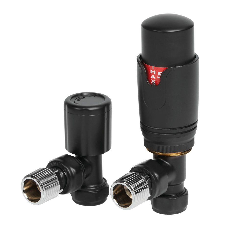 Black thermostatic radiator valve with angled connection and protective cap
