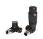Black thermostatic corner radiator valve set with angled inlet and vent cap