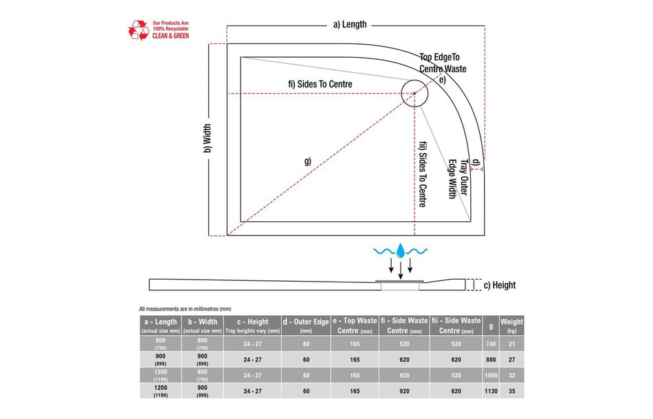 Quadrant shower tray dimension diagram with side-to-center and waste location
