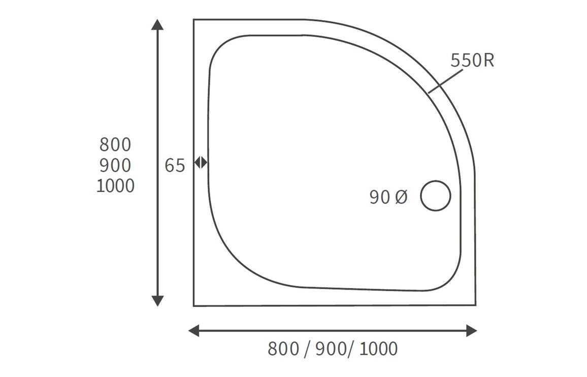 White quadrant shower tray plan view with central waste drain and size guide diagram