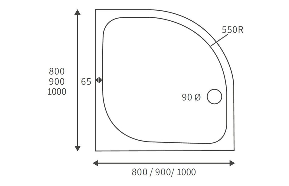 White quadrant shower tray plan view with central waste drain and size guide diagram