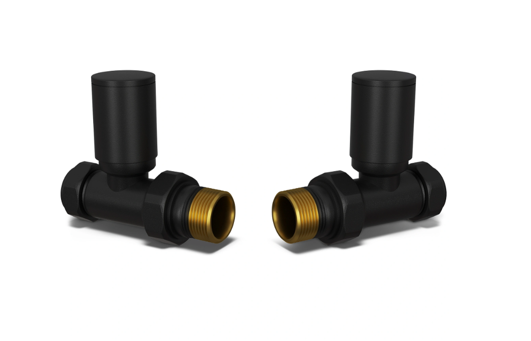 Black straight radiator valve pair, 15mm, with brass threaded ends