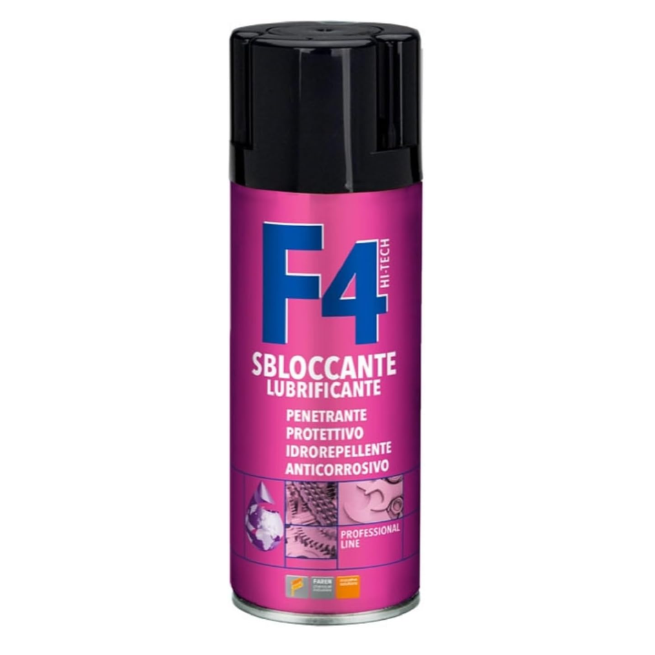 Multi-purpose lubricant spray can, pink label with black cap, F4 branding