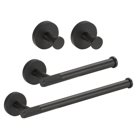 Matte black bathroom accessory set with towel rails and round wall mounts