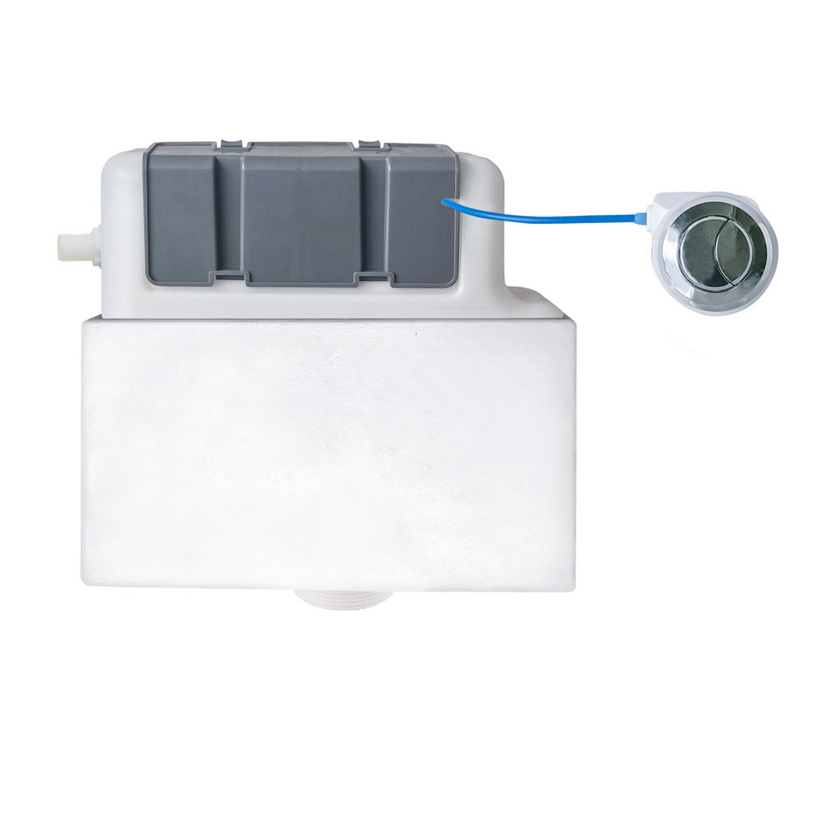 Concealed toilet cistern with side inlet and circular dual-flush button, front view