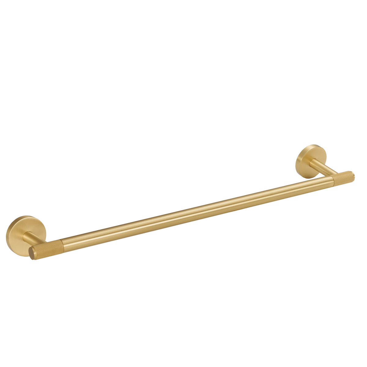 Brushed brass towel rail with two wall-mounted end supports and short textured grips