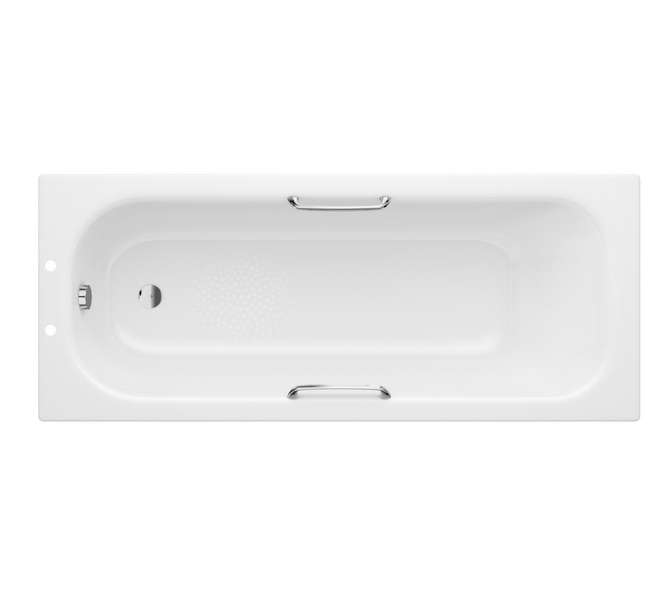 White rectangular bathtub with drain, overflow, and built-in grab handles