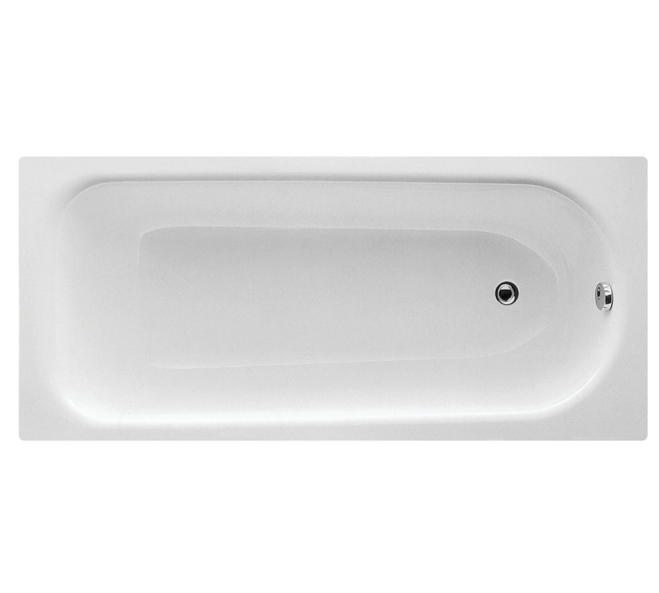 White single-end steel bathtub with centered drain and overflow fittings