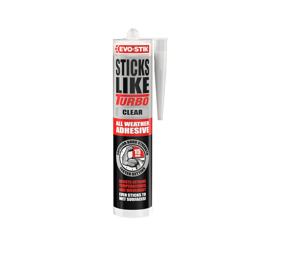 EVO-STIK Sticks Like Turbo adhesive cartridge, clear, all-weather, trade only