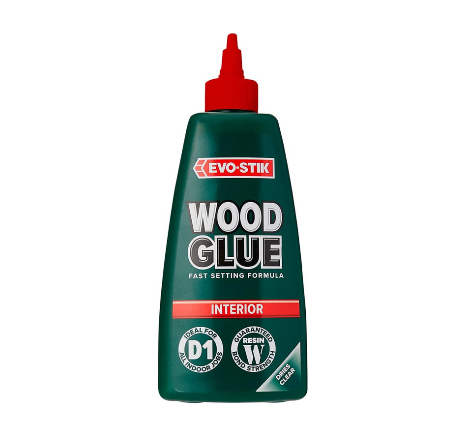 EVO-STIK wood glue bottle, red nozzle and green interior label for fast setting