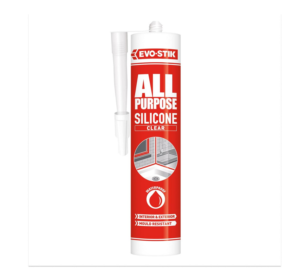 Clear all-purpose silicone sealant cartridge with nozzle, upright