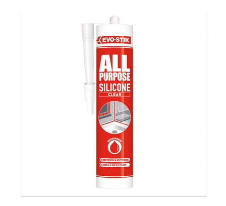 Clear all-purpose silicone sealant cartridge with nozzle, upright
