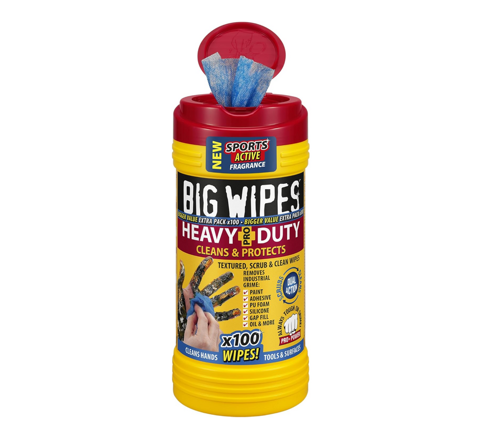 Big Wipes heavy duty wipes dispenser tub with red lid, yellow body, blue wipes inside