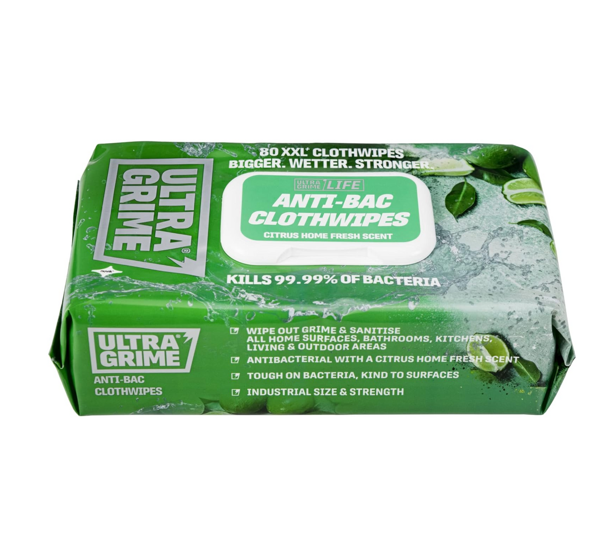 Green antibacterial cloth wipes pack, UltraGrime, anti-bac, citrus fresh scent, 80 XXL.