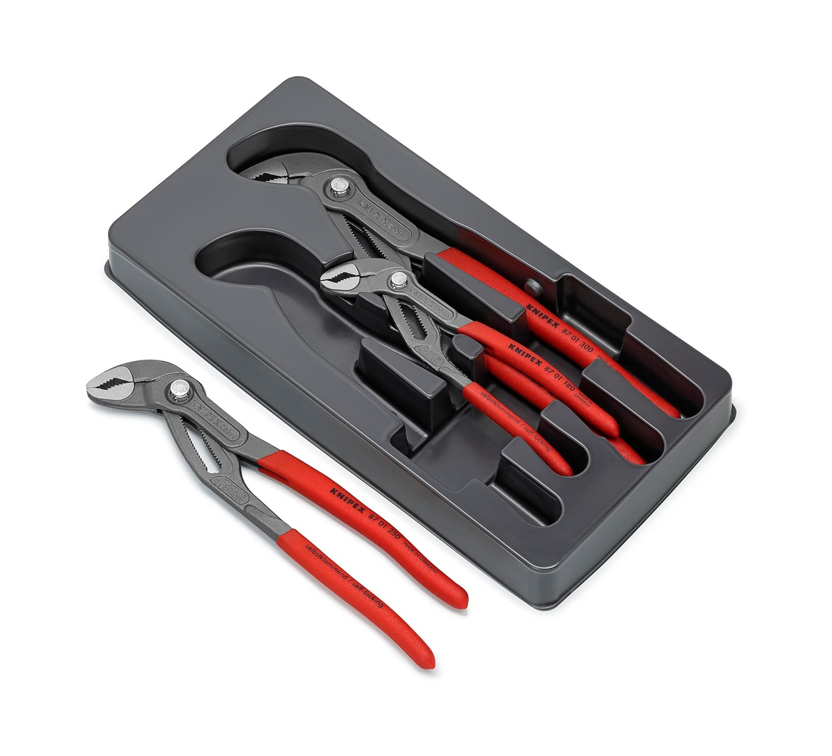 KNIPEX water pump pliers set of 3 in gray tray, red handles and dark jaws