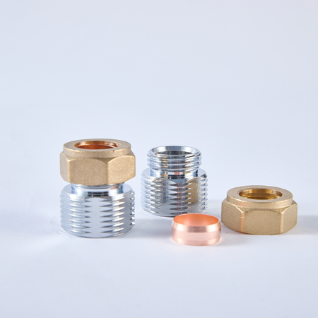 Shower valve connectors set with brass fittings, chrome sleeves, and copper washer ring