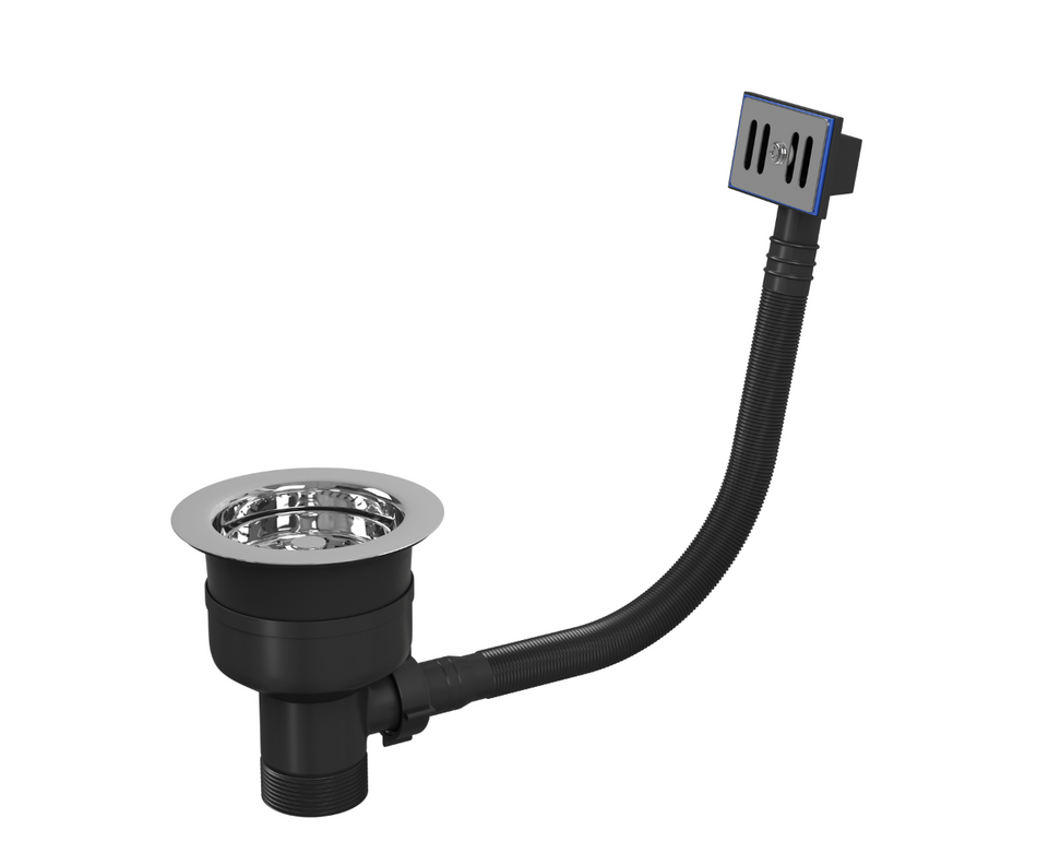 Kitchen sink strainer with chrome top, black waste body, and flexible hose