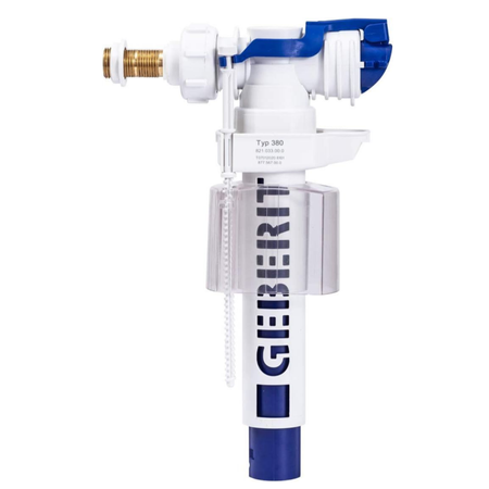 Toilet cistern side fill inlet valve, brass port, white and blue plastic, 3/8 in