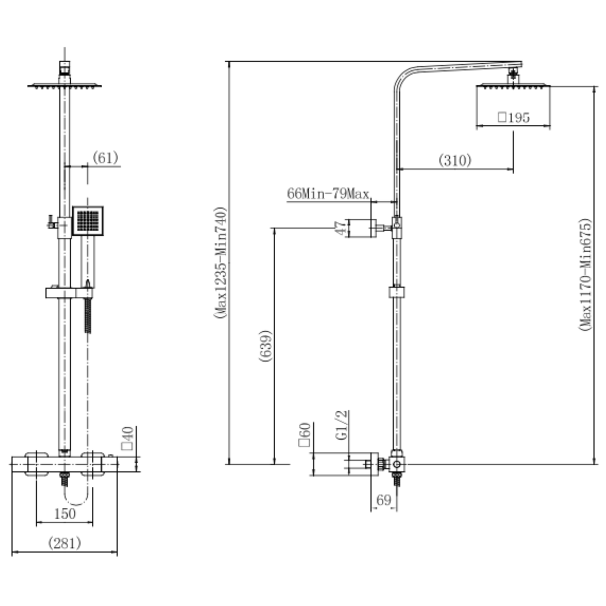 Brushed brass thermostatic shower mixer with round twin shower heads and square bar