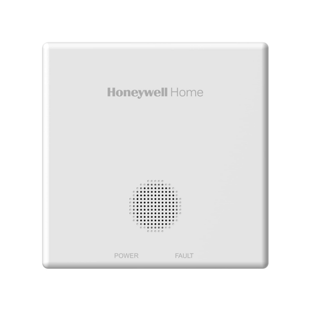 Honeywell Home white carbon monoxide detector front with speaker grille and status lights