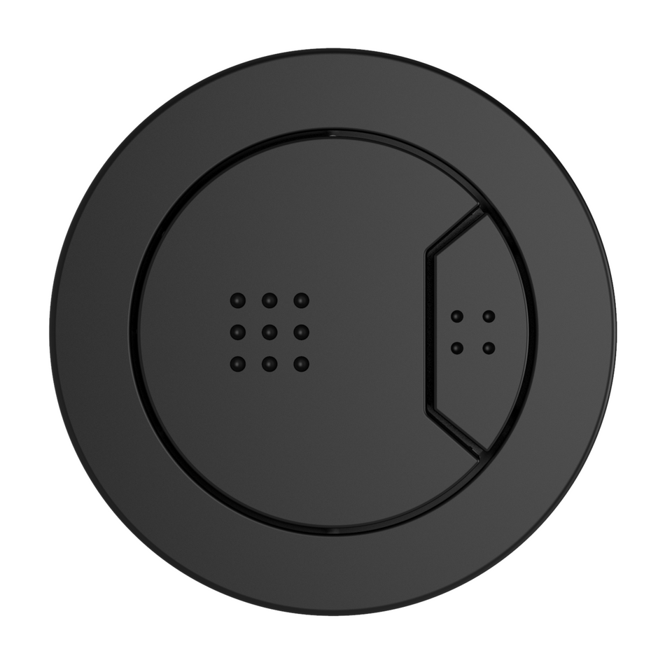 Matte black round pneumatic toilet flush button with recessed push plate and dot grid