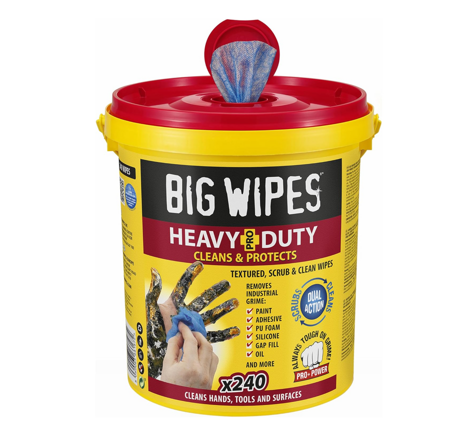 Heavy-duty hand wipes bucket with red lid, blue textured wipe, x240