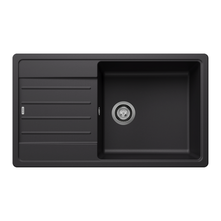 Inset single-bowl kitchen sink with drain and round strainer, black