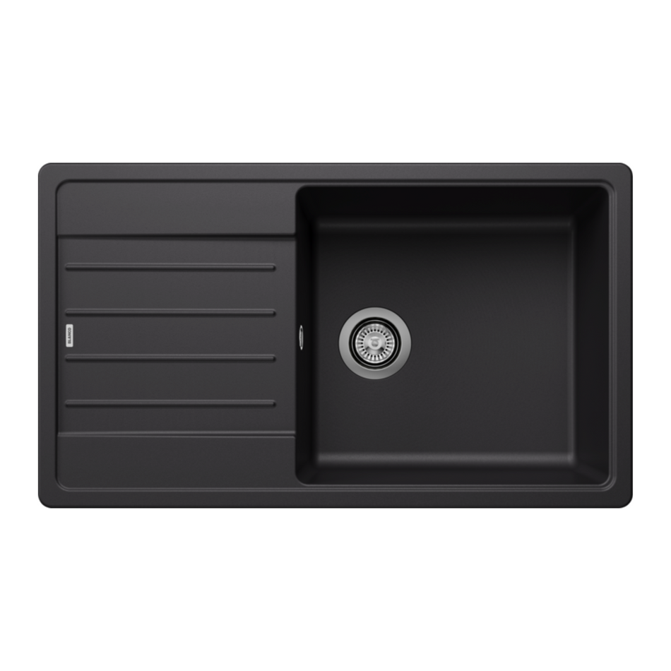 Inset single-bowl kitchen sink with drain and round strainer, black