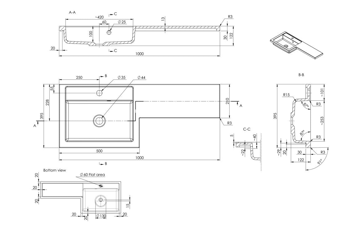 Technical line drawing of L-shape resin basin and WC unit layout with dimensions