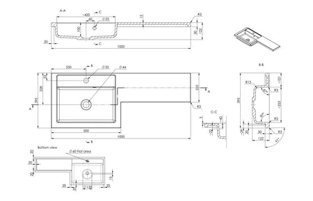 Technical line drawing of L-shape resin basin and WC unit layout with dimensions