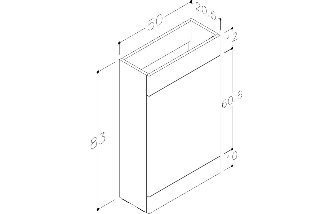 L-shape basin and WC cabinet with top ledge, shown with measurements