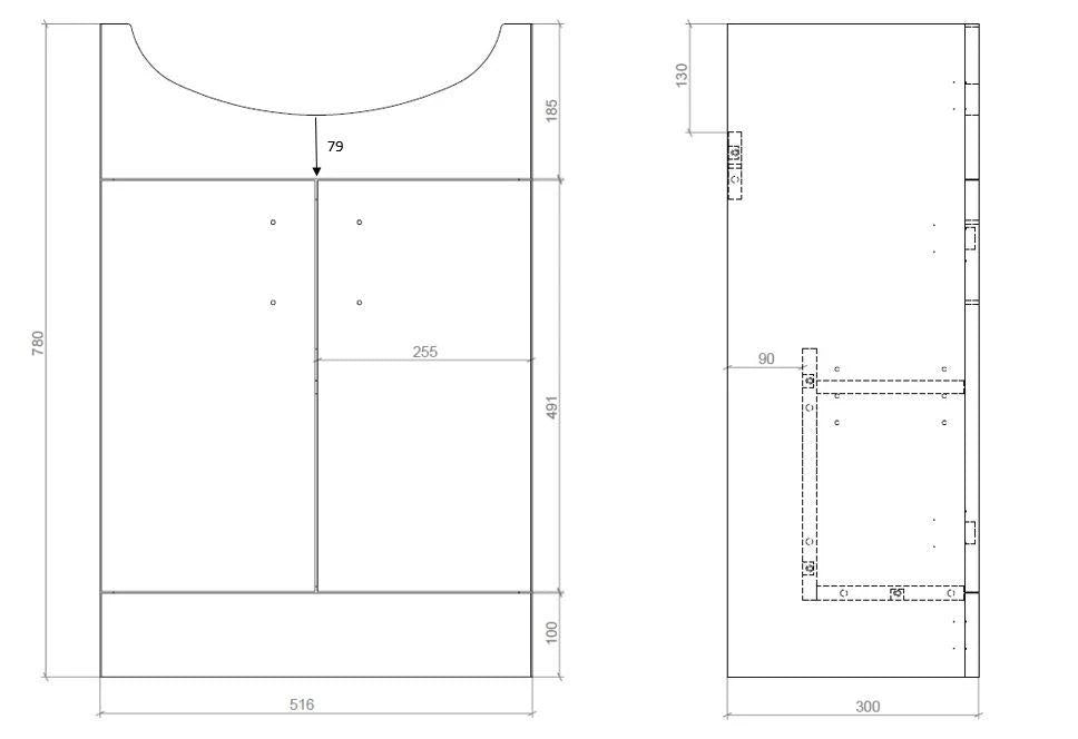 Front and side technical diagram for white bathroom vanity and toilet pack