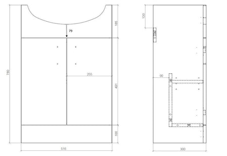 Front and side technical diagram for white bathroom vanity and toilet pack