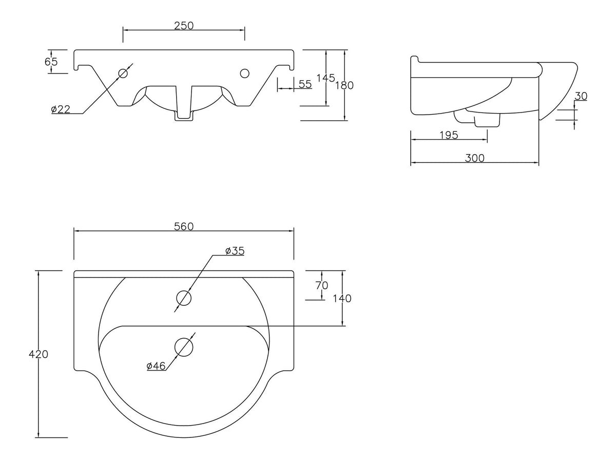 Top-view and side-view technical measurements diagram for white toilet and vanity