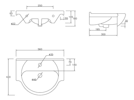 Top-view and side-view technical measurements diagram for white toilet and vanity