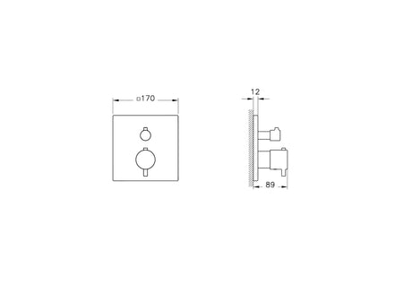 VitrA Aquaheat Square shower mixer valve technical drawing with front and side dimensions