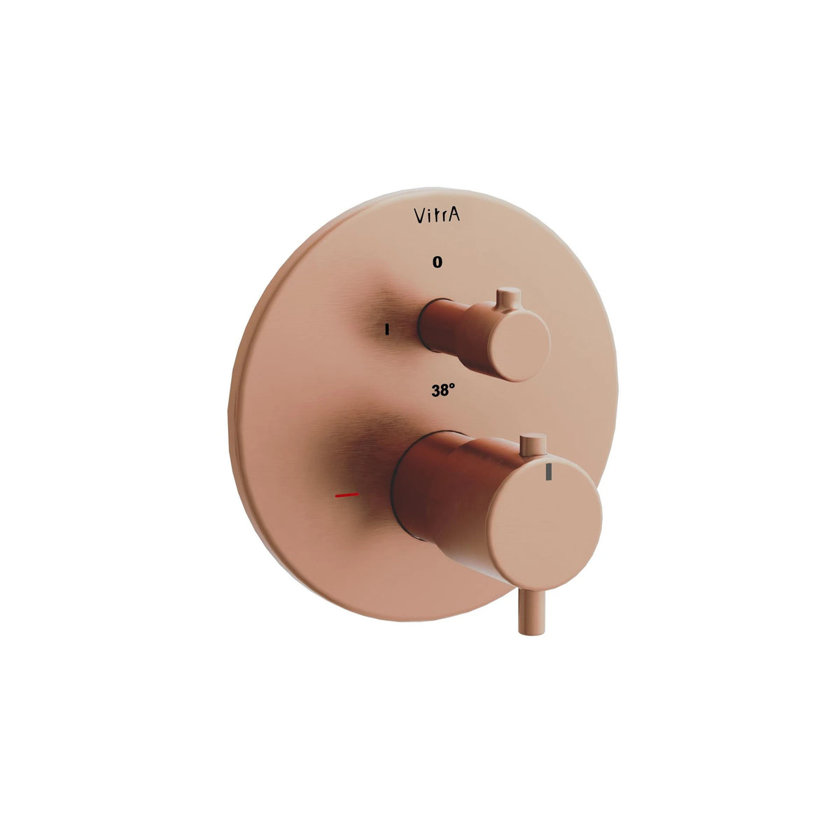 Brushed bronze thermostatic shower mixer valve with dual controls and temperature markings
