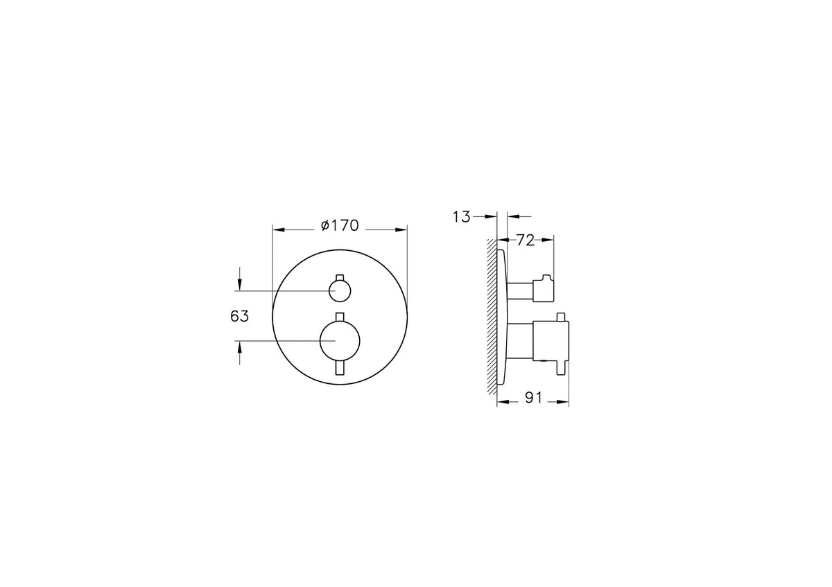 Thermostatic shower mixer valve technical diagram with dimensions and internal components