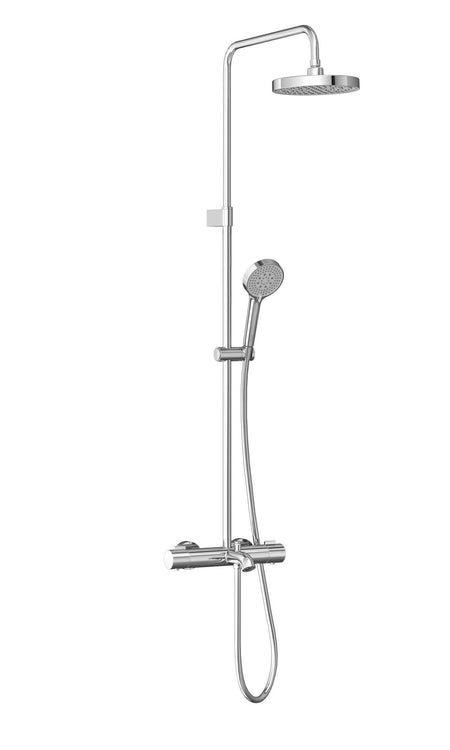 Chrome round shower set with fixed head, handheld shower, and mixer control