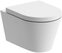 Rimless wall-hung toilet with white soft-close seat