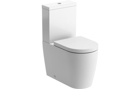 White toilet seat with closed lid and visible hinge on a toilet bowl