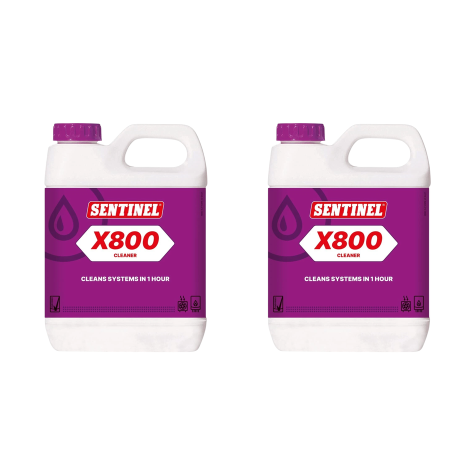 Two Sentinel X800 cleaner bottles, purple and white, each with handle and front label