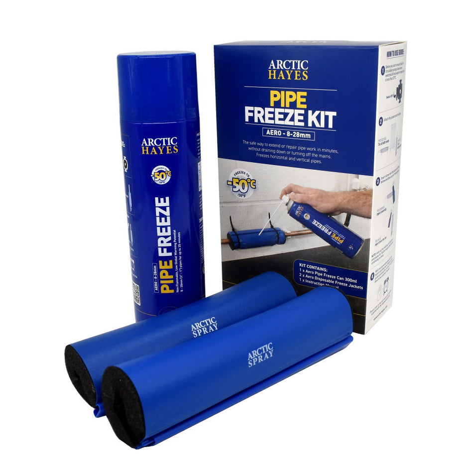 Disposable pipe freeze kit with blue spray can, insulated sleeves, and Arctic Hayes box