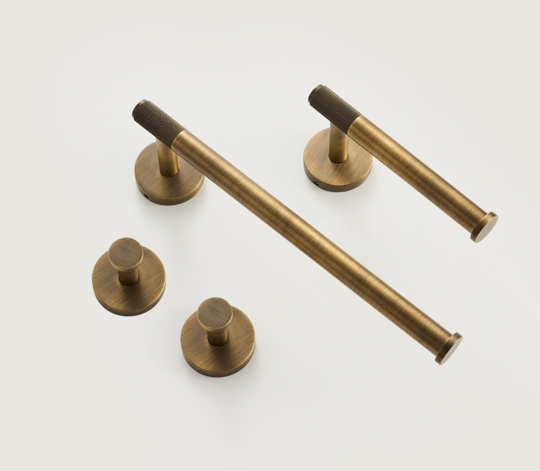 Brushed brass wall accessories set parts with towel rails and round mounting plates