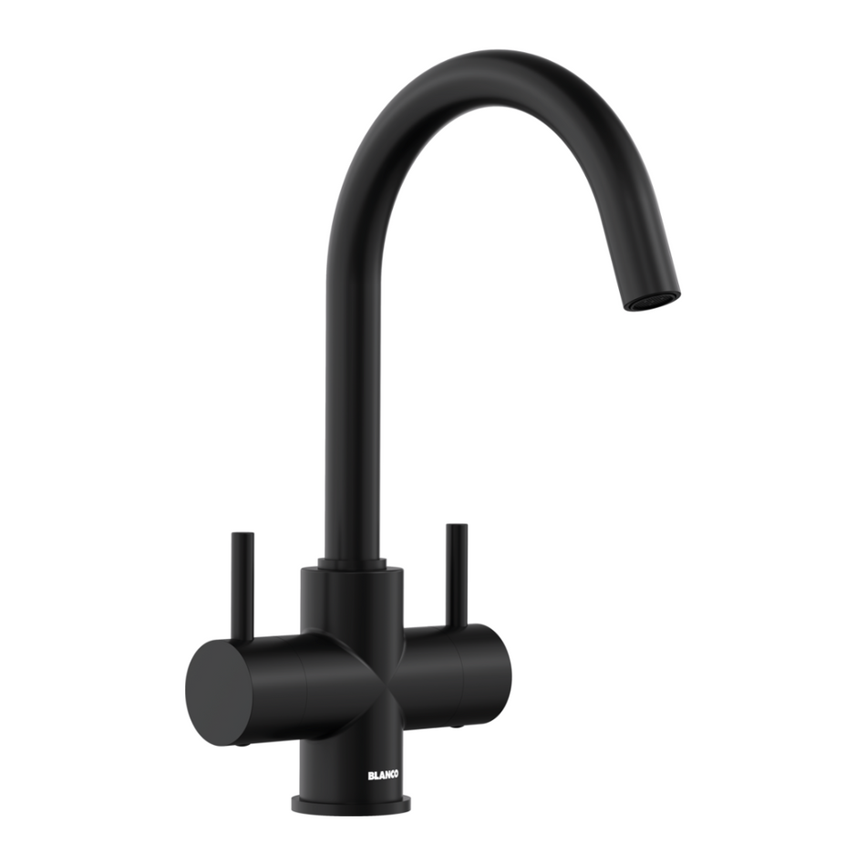 Matt black kitchen mixer tap with high curved spout and twin levers