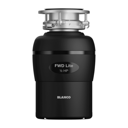 Matt black kitchen food waste disposer with stainless top and FWD Lite badge
