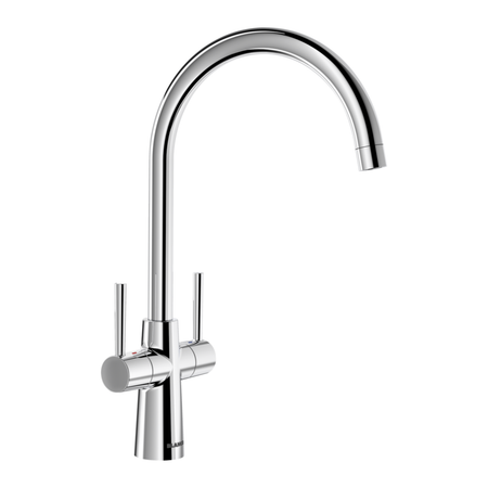 Chrome twin-lever monobloc mixer tap with tall curved spout and lever handles