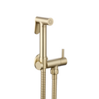 Brushed brass shower douche set with handheld head, flexible hoses, and isolator valve
